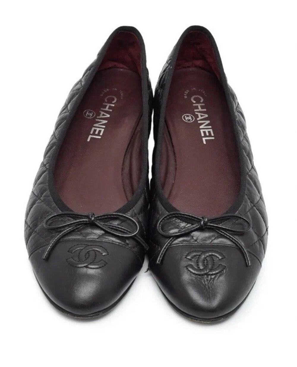 CHANEL G26250 Quilted Leather CC Bow Ballet Flats Black 39C Made Italy